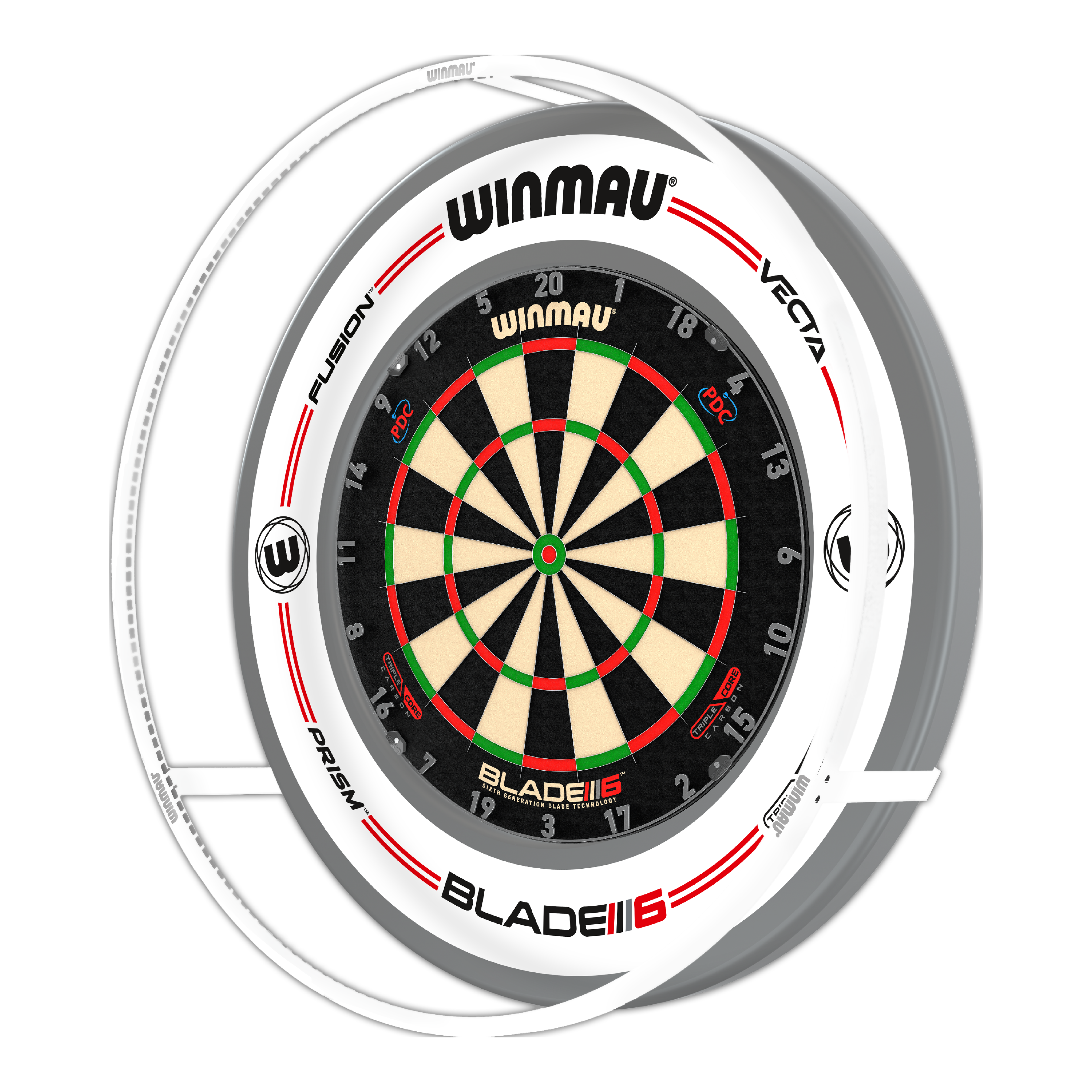 Auf dem Bild ist das Produkt "Winmau Plasma Ice LED Dartboard Light" zu sehen. Es handelt sich um eine kreisförmige LED-Beleuchtung, die über einem Dartboard angebracht ist, um eine gleichmäßige Ausleuchtung zu gewährleisten.